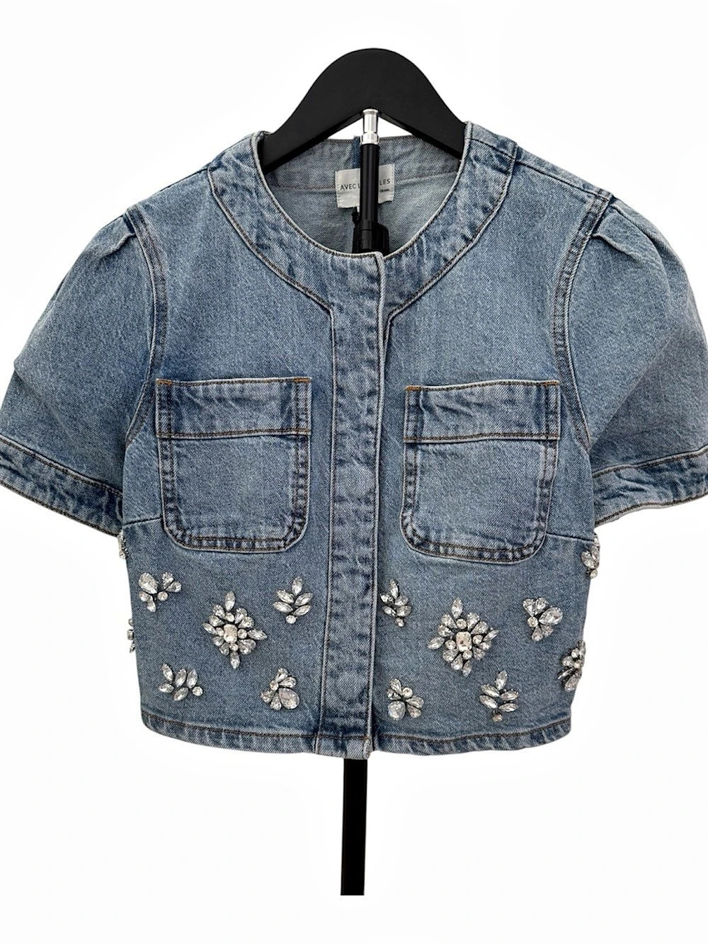 Avec Les Filles Crystal Embellished Crop Denim Trucker Jacket Small NWT